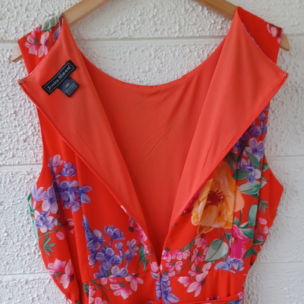Jessica Howard 18W Orange Floral Sleeveless Pleated Midi Dress Ruffle Hem Belted - Picture 9 of 11